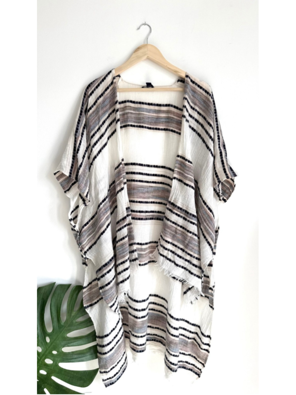 American Eagle Striped Poncho Kimono One Size White Black Fringe